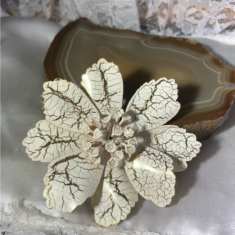 Vintage White Flower Gold Enamel 3D Crackled Large Brooch